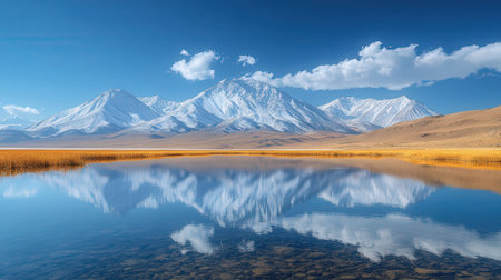 Mountain landscape with lake and reflection in Leh, Ladakh, Indiaの素材