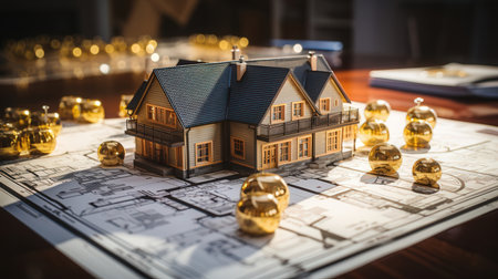 House model with gold ingots on the background of the construction planの素材