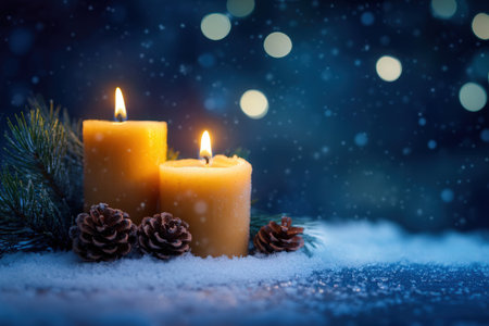 Christmas greeting card with burning candles and fir branch on snow with bokeh backgroundの素材
