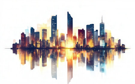 Modern cityscape with skyscrapers reflected in water. Vector illustration.の素材