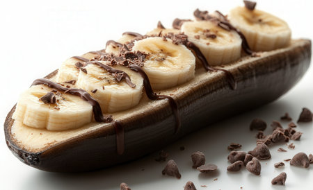 Banana and chocolate on a white background. Selective focus.の素材