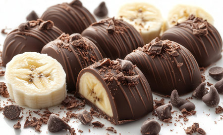 Chocolate candies with banana and chocolate shavings on white backgroundの素材