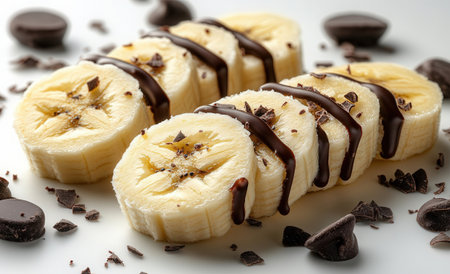 Delicious bananas with chocolate on white background, closeup. Delicious dessertの素材