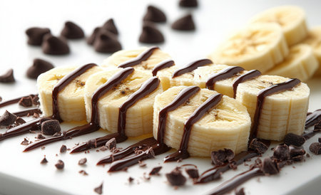 Delicious banana slices with chocolate on white plate, closeup viewの素材