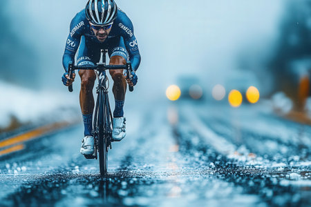 Cyclist Riding the Road to Paris in a Rainy Dayの素材