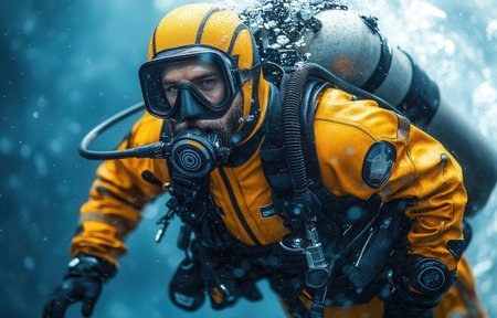 Portrait of a diver in a gas mask and protective suit.の素材