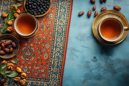 Tea with dates, raisins and mint on a blue backgroundの素材