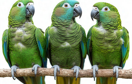 Three green parrots sitting on a branch isolated on white background.の素材