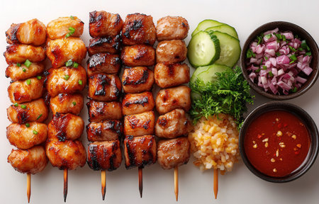 Grilled pork kebabs on skewers with vegetables, top viewの素材