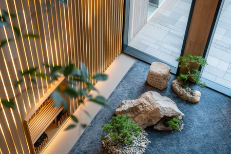 Interior of modern living room with stone and plants. Nobody insideの素材