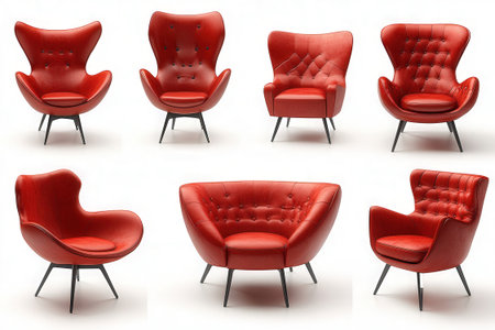 Red leather armchairs isolated on white background. 3d render.の素材