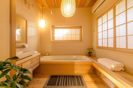 Interior of a Japanese style bathroom with bathtub and wooden wallsの素材