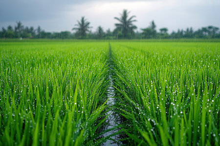 Rice field in the morning with dew drops on the riceの素材