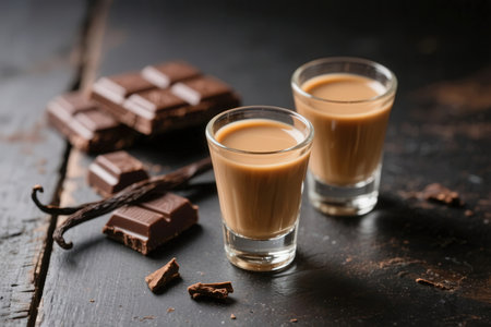 Coffee with milk and chocolate on a dark rustic backgroundの素材