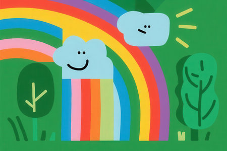 Rainbow with clouds and trees on green background. Vector illustration.の素材
