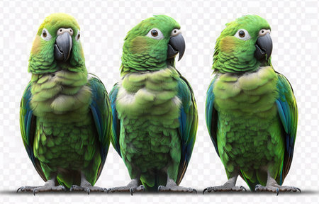 Three green parrots isolated on a white background. 3D renderingの素材