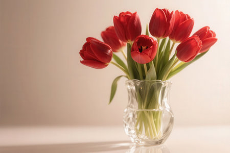 Red tulips in glass vase on white background. Toned.の素材