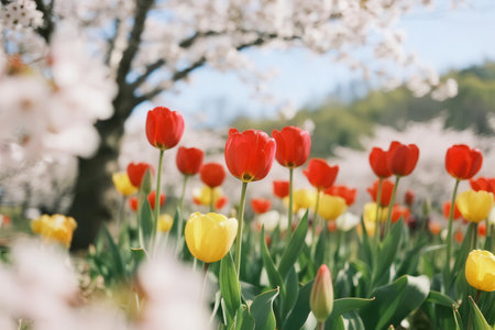 Tulips and cherry blossoms in full bloom in springtimeの素材