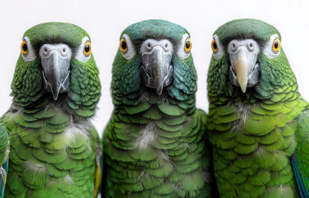 Three green parrots on a white background. Close-up.の素材