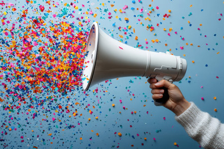 Female hand holding megaphone with colorful confetti on blue backgroundの素材
