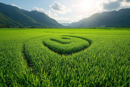 Heart shape in green rice field with blue sky and mountain background.の素材