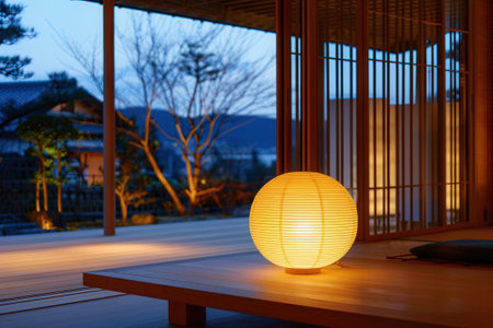 Lantern on the wooden table in the garden with twilight backgroundの素材