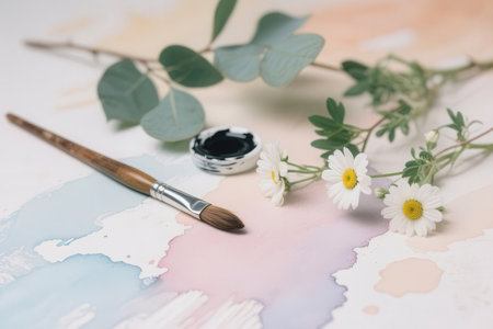 Paint brushes, daisies and maps of the world.の素材
