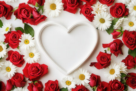 Valentine's day background with red roses and white daisiesの素材