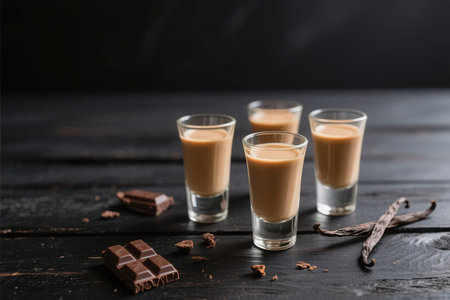 Glasses of coffee with chocolate on black wooden table, closeupの素材