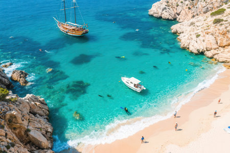 Panoramic aerial view of the beautiful beach of Cala Sa Calobra in Majorca, Spainの素材