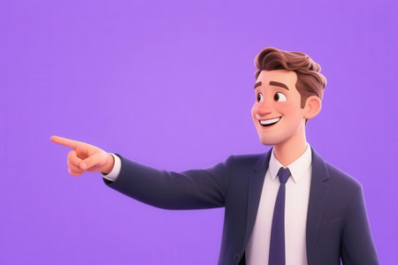 3D illustration of a young businessman pointing at something on purple backgroundの素材