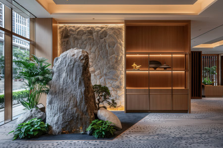 Interior of a hotel lobby with a large stone sculpture in the foregroundの素材