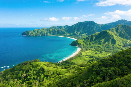 Aerial view of beautiful tropical island with green hills and blue seaの素材
