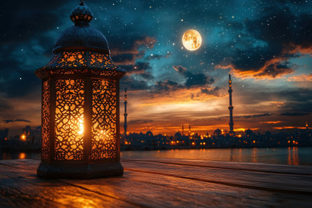 Ramadan Kareem background with arabic lantern and mosque at nightの素材
