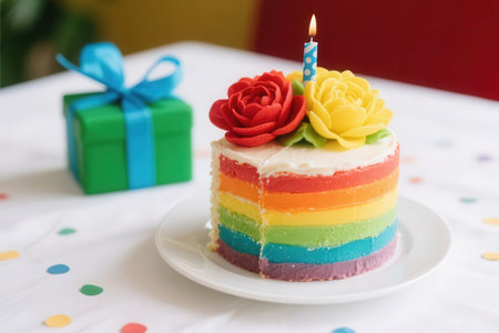 Rainbow cake with candle and gift box on white tablecloth.の素材