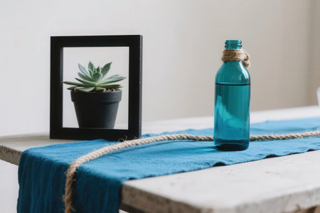 Essential oil in a glass bottle on the table with a blue towelの素材