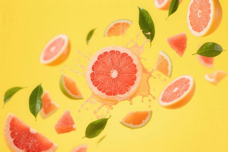 Creative layout made of grapefruits and leaves on color backgroundの素材