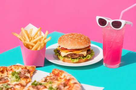 Burger with french fries and soda drink on blue and pink backgroundの素材