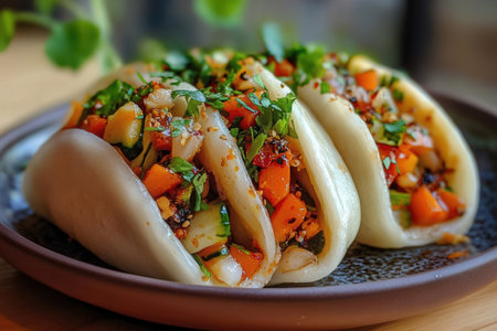 Fried Dumplings stuffed with vegetables and herbs on a plate.の素材