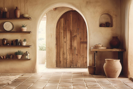 Wooden door with pottery and vase in vintage style.の素材
