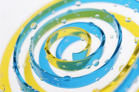Blue and yellow spiral with water droplets on a white background.の素材
