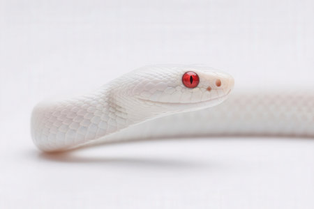 White rat snake with red eye on a white background, close upの素材