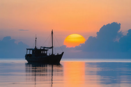 Fishing boat in the sea at sunset, Koh Lanta, Thailandの素材