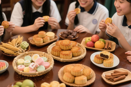 group of asian thai school children enjoy eating sweet dessert.の素材