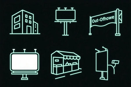 Set of billboards and signs in neon style on a black background.の素材