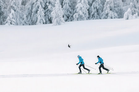 Skiers cross-country skiing on the snow in the mountains.の素材