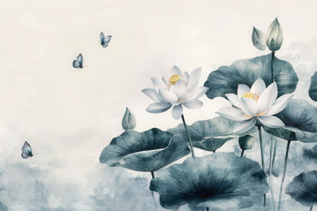 Watercolor painting of lotus flower and butterfly on sky background.の素材