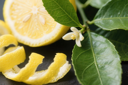 Lemons and lemons on a black background, closeupの素材