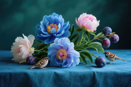 Bouquet of peonies, plums and birds on blue backgroundの素材