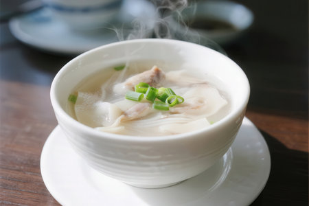 Boiled pork dumpling soup in white bowl on wooden tableの素材